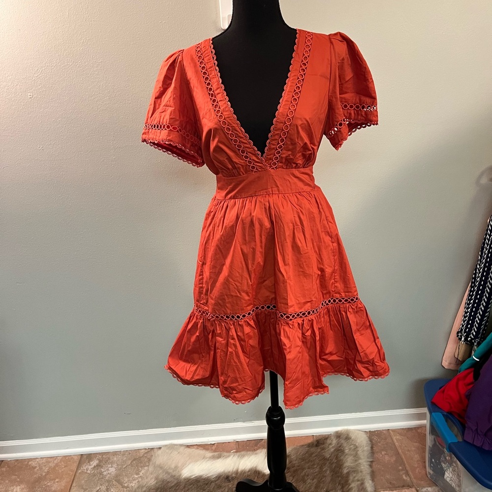 Stellah Vibrant Orange Mini Dress with Lace Detail